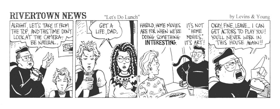 The reason the dad's shirt goes from white in the last strip to black in this one is due to a costume change because he will be playing a part in the next scene. What an auteur! Ahead of his time! It's not because Tim drew these two strips months apart and I just decided to place them consecutively. Nope, not at all. :)